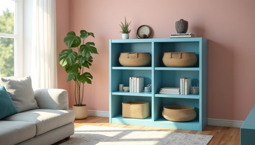 DIY spray paint furniture flip of an IKEA KALLAX shelf painted matte blue, styled in a renter's apartment with thrifted decor