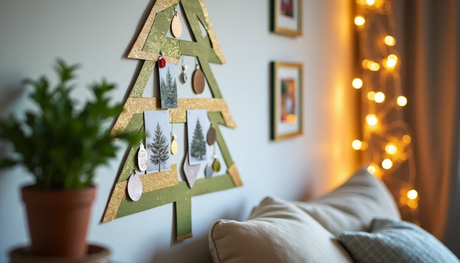 temporary holiday wall decor using washi tape to create a geometric Christmas tree shape on a rental apartment wall, filled with photos and cards, zero damage