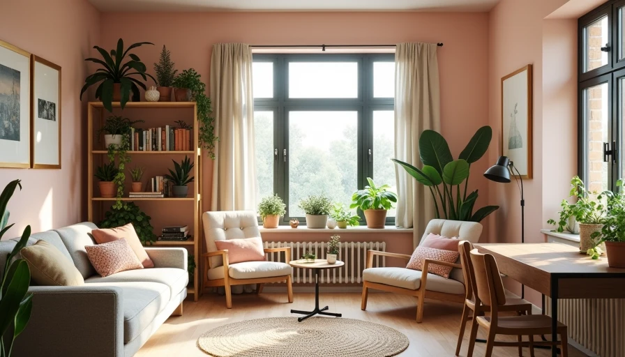 Small rental apartment layout zoned with furniture furniture arrangement in a small apartment using a low bookshelf to divide living and bedroom zones without walls, two armchairs and plants defining the space