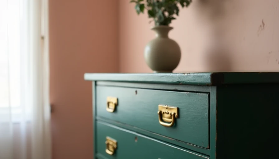 thrifted furniture flip of a vintage dresser painted deep green with restored brass hardware in a renter's bedroom, showing the DIY makeover result
