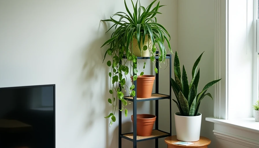 No-drill rental plant shelf with height variation no-drill plant shelf styling idea with trailing pothos cascading down tiers and a snake plant on a stool next to the freestanding shelf