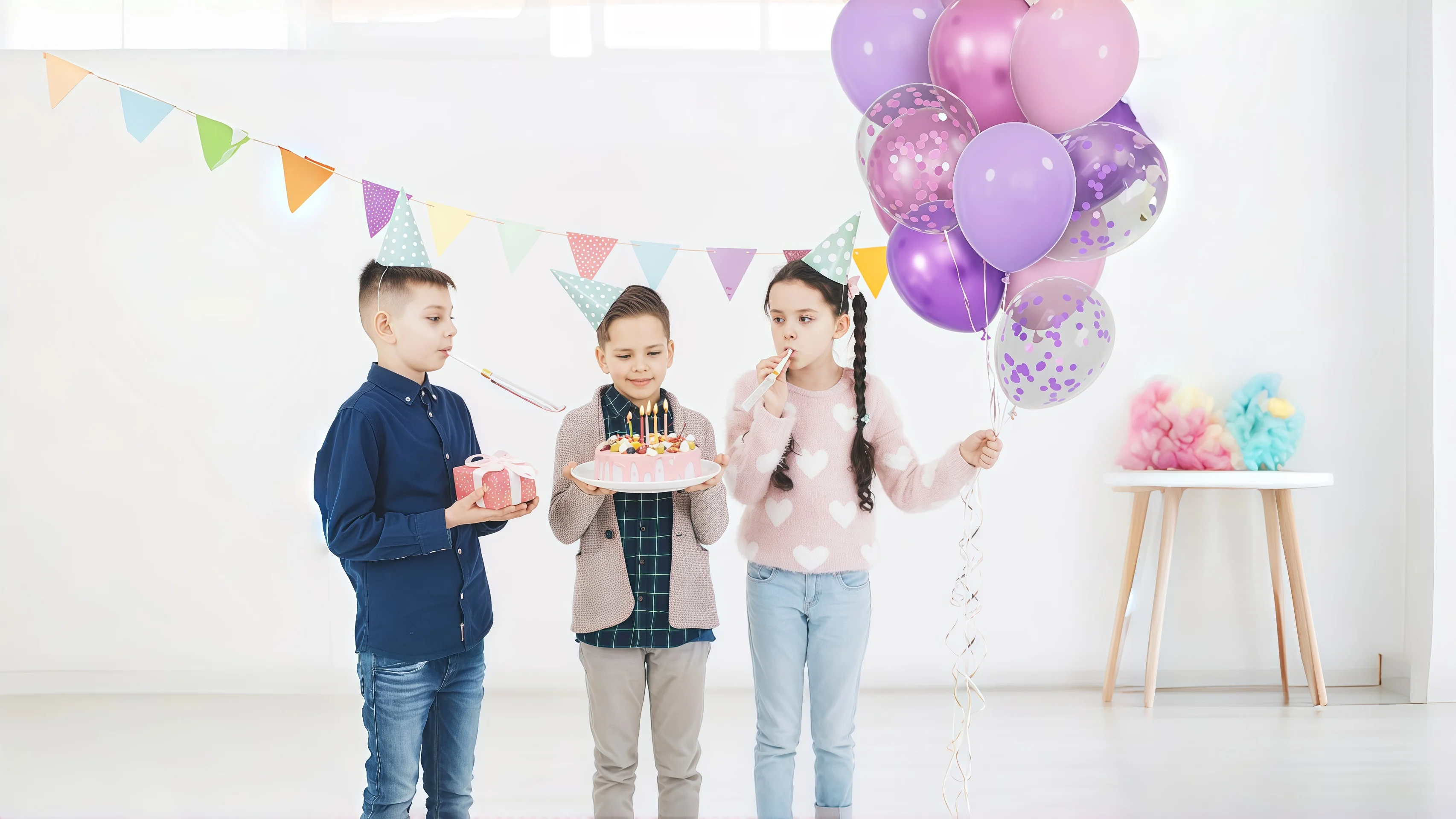 Three children enjoying a birthday party surrounded by pink and purple balloon decorations in a living room