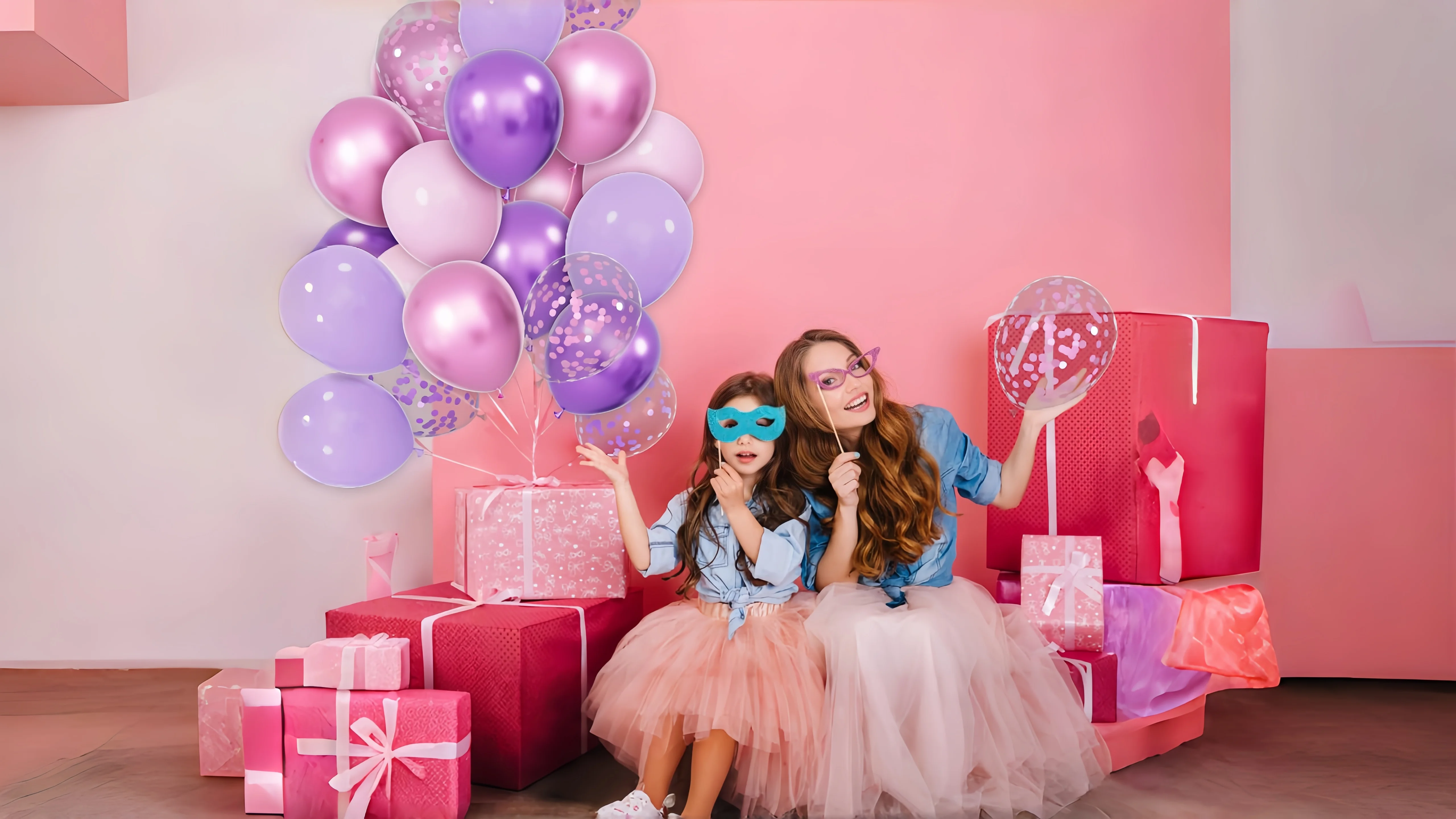 Mom and child enjoying pink and purple balloon decorations at a rental party