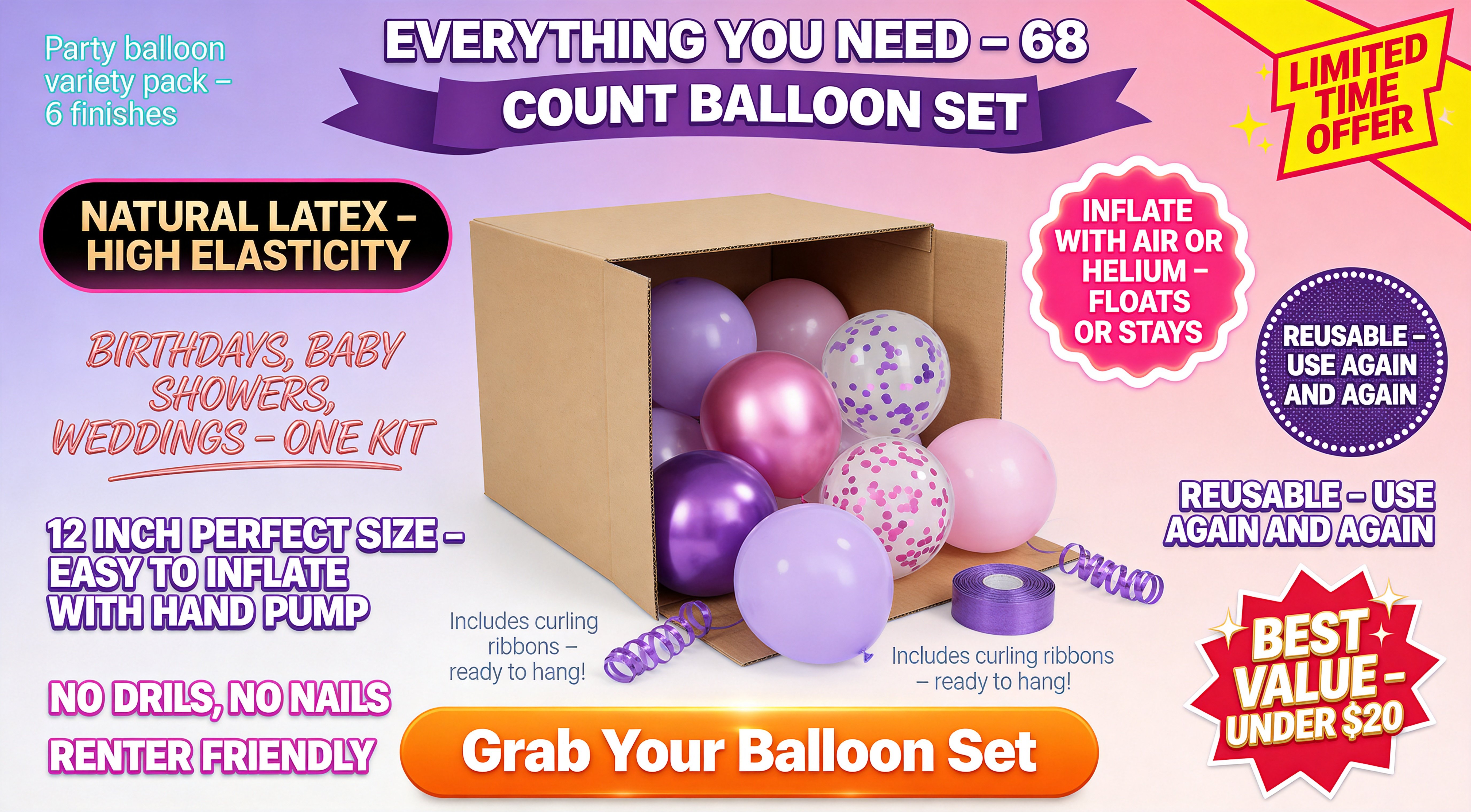 E-commerce banner for 68-count pink and purple balloon set, displaying the product box with balloons, featuring bullet-point benefits like reusable, helium-compatible, and drill-free, with a large orange Grab Your Balloon Set call-to-action button.
