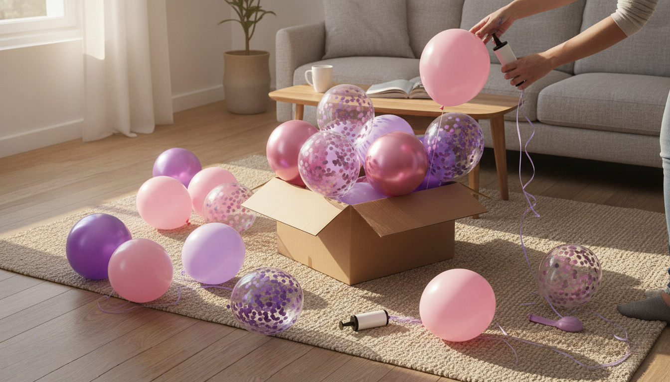 A renter opening a box of pink and purple balloons on the living room floor, with a hand pump and balloons scattered around, getting ready to decorate for a party.