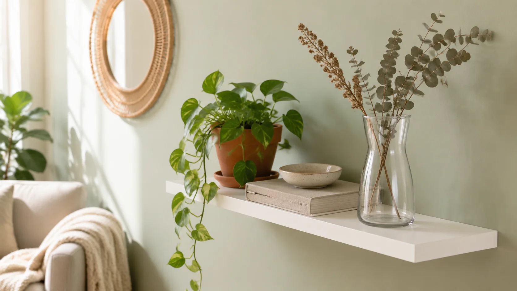 Clear glass vase with dried eucalyptus on a floating shelf beside a trailing pothos plant, damage-free rental plant styling on sage green wall