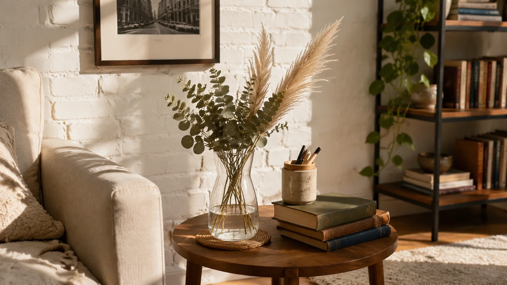 Clear glass vase with dried pampas grass and eucalyptus on living room side table next to armchair, cozy rental apartment interior
