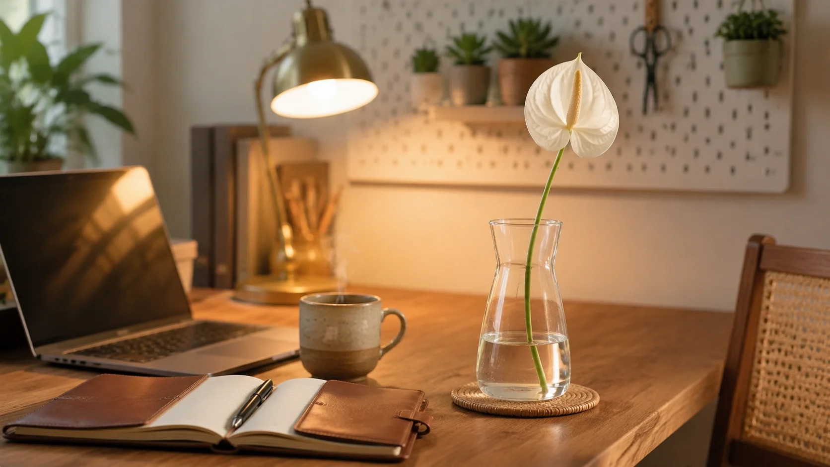 Clear glass vase with single white anthurium stem on wooden desk beside laptop and coffee mug, calm home office workspace
