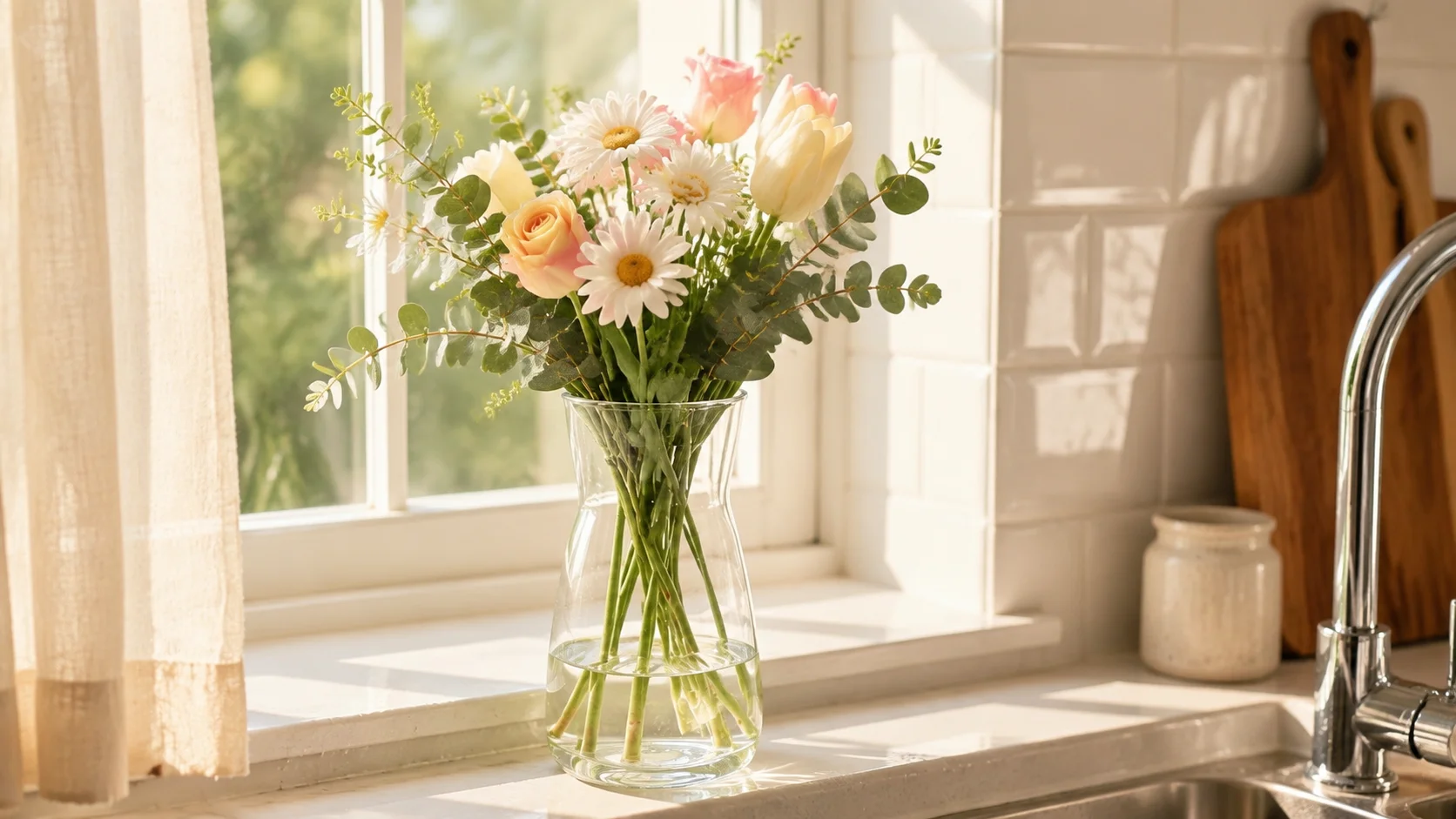 Clear glass vase on kitchen windowsill with fresh seasonal flowers, natural sunlight, cozy rental kitchen interior