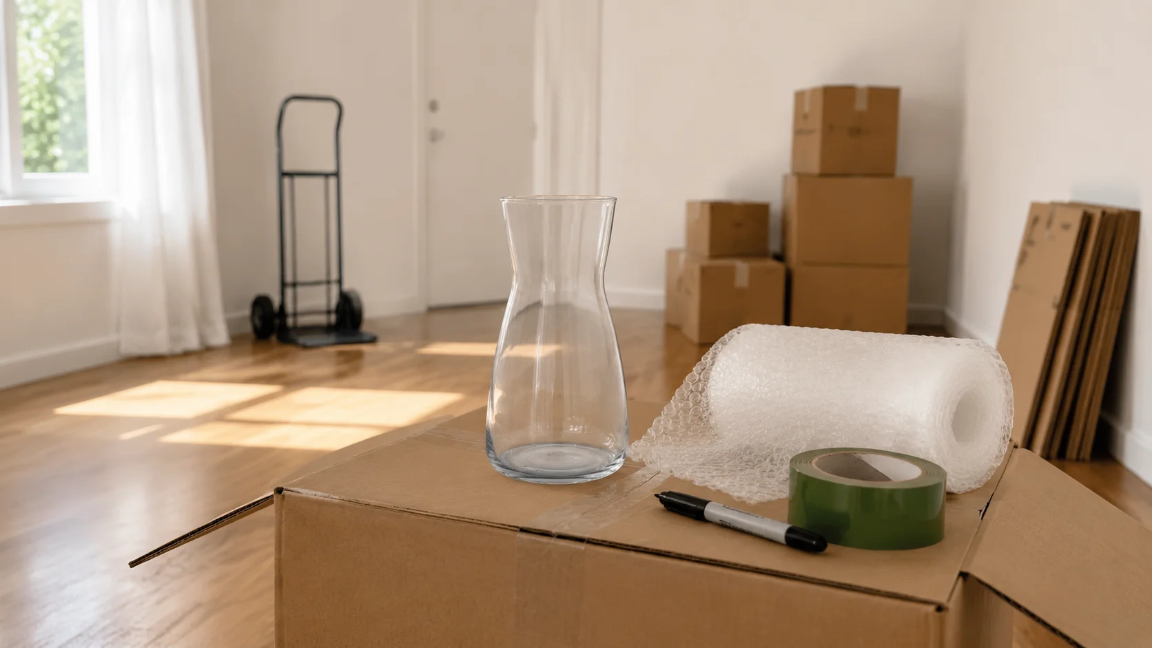Clear glass vase placed on top of a moving box in empty apartment with bubble wrap and packing supplies, easy to transport and move friendly