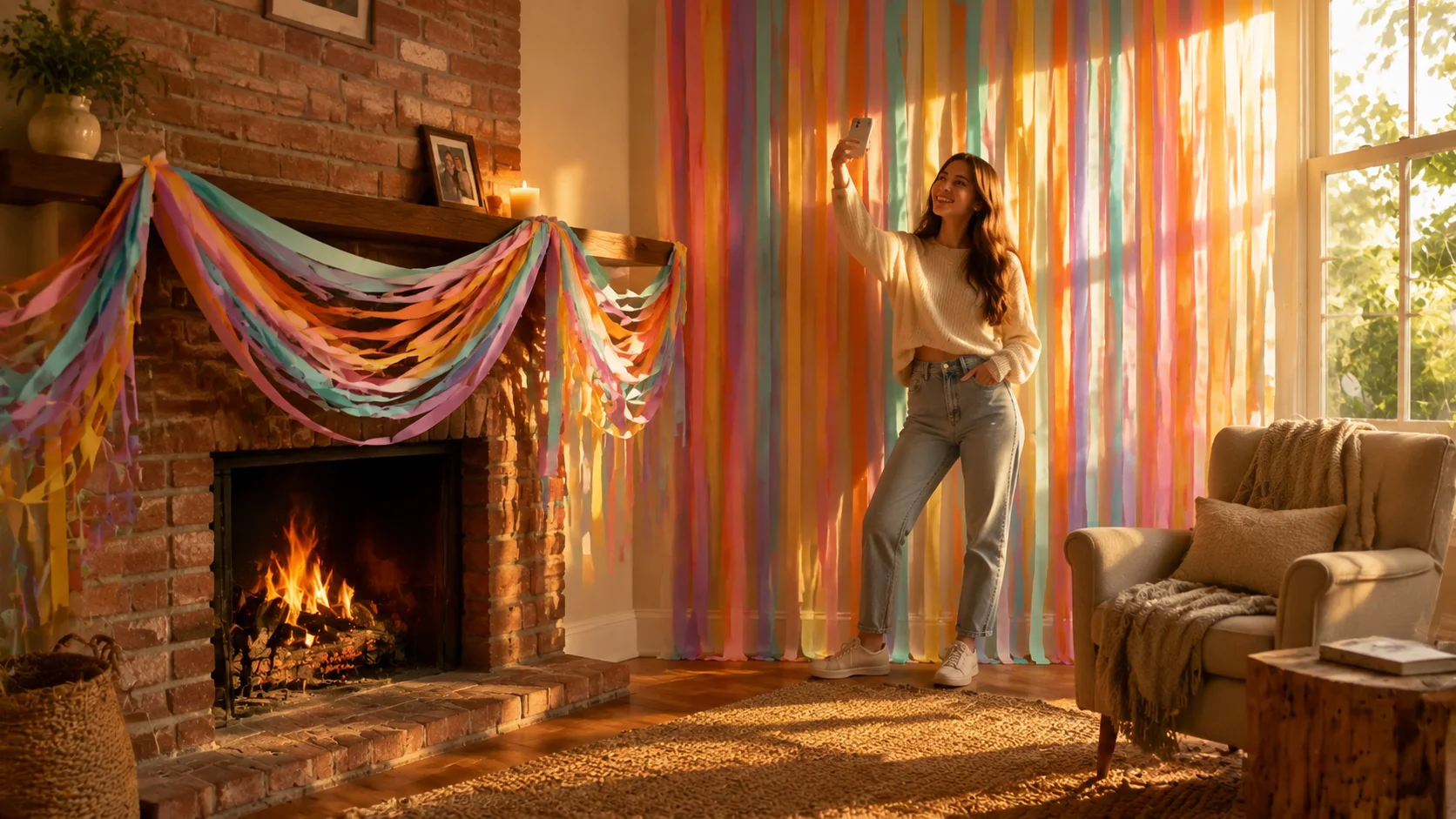 Pastel Streamers on Fireplace Mantel and Feature Wall Cozy living room with pastel crepe paper streamers draped over fireplace mantel and a full wall backdrop, ready for parties and photos.