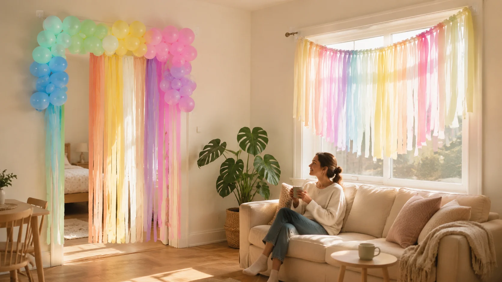 Renter-Friendly Crepe Paper Streamers in Living Room Rental apartment living room decorated with pastel crepe paper streamers hung without nails using adhesive hooks, showing damage-free party decor.