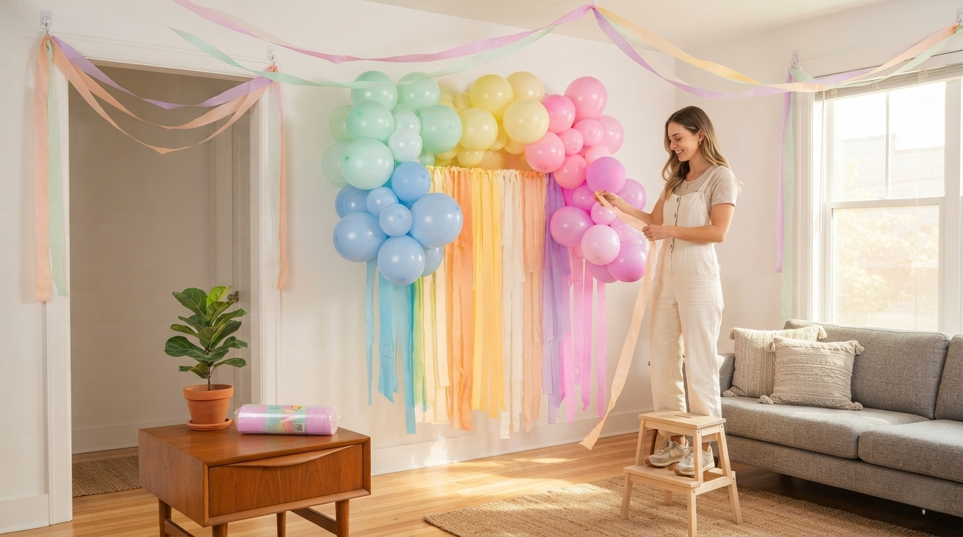 Pastel Crepe Streamers on Door and Window Frames Cozy rental living room with pastel crepe paper streamers hanging from doorframe and draped across window, glowing softly in natural sunlight, damage-free decor.