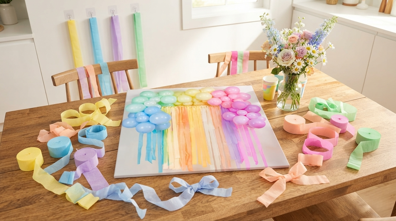 Creative Pastel Streamer Table Setting for Parties Bright kitchen table creatively decorated with pastel crepe paper streamers as table runners, spirals, and wall hanging, showing versatile party decor use.